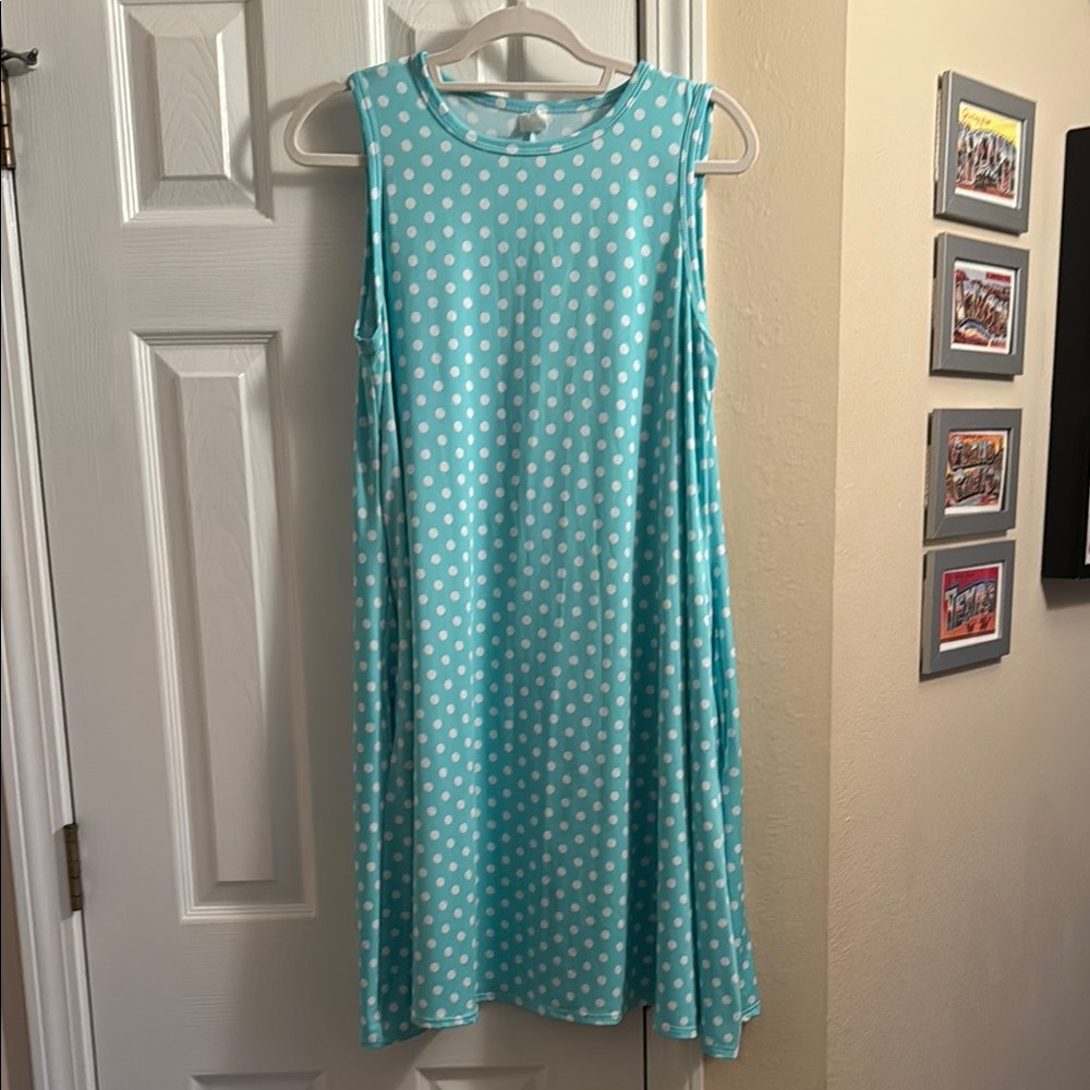 Gently Worn, Honey & Lace, Blue Polka Dot Sleeveless Swing Dress - Size Medium